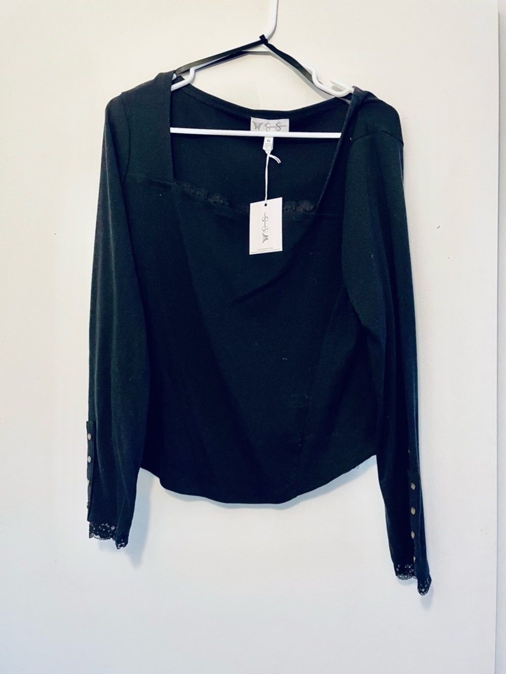 Jessica Simpson Black Long Sleeve Lace-Trim Square Neck Blouse